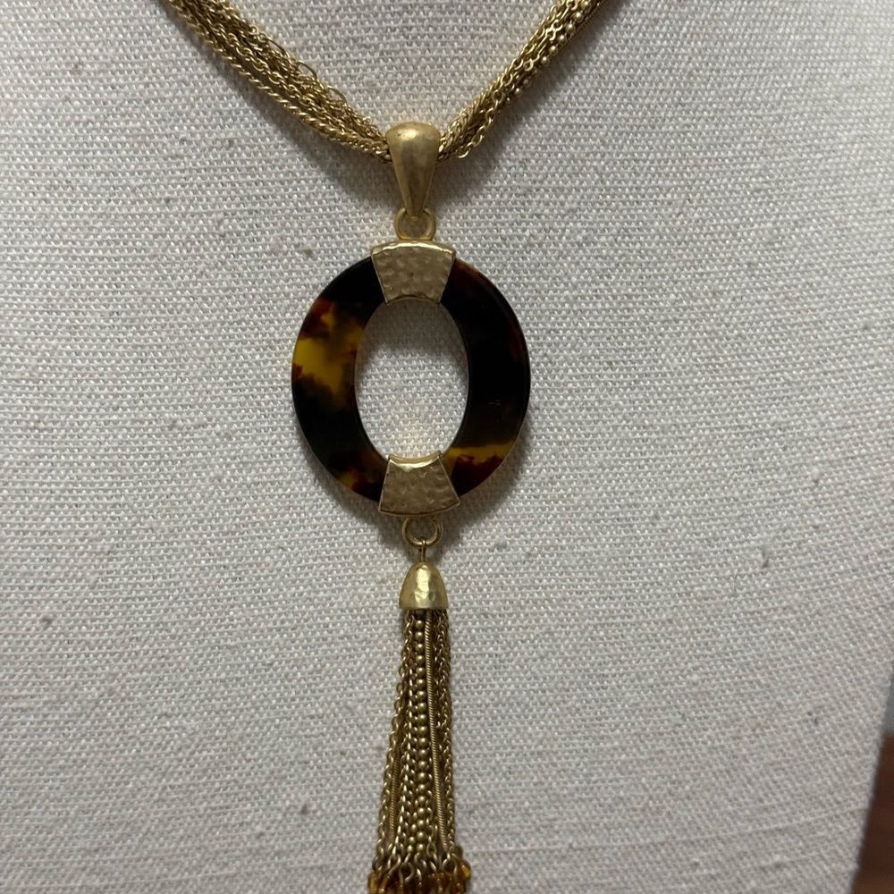 Coldwater Creek Signed 7 Strand GoldTone Necklace with Amber Colored Pendant. - Picture 5 of 7